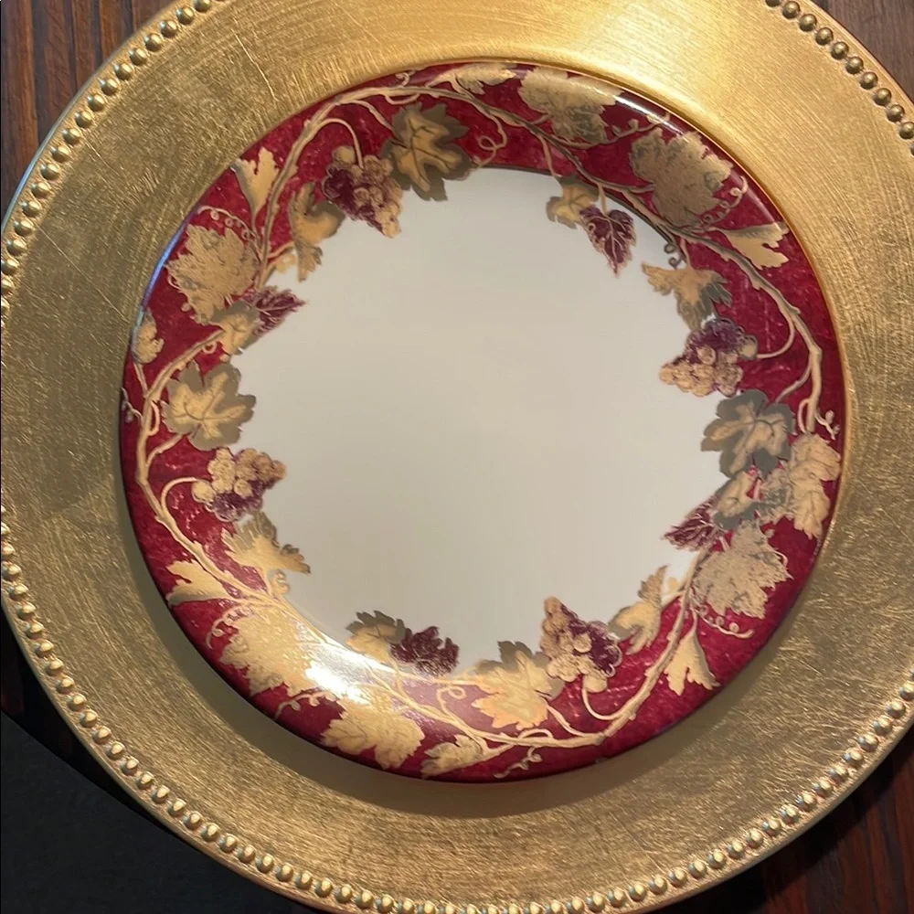 Crate&Barrel Red and Gold Floral Dinner Plate